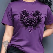 Resim Kadınların Rahat Yaka T-Shirt'i, Kısa Kollu Düzenli Uzunluk, Çiçekli Kalp Baskılı Üst, Tüm Mevsimler İçin Moda, Çiçekli Baskılı Bluz 