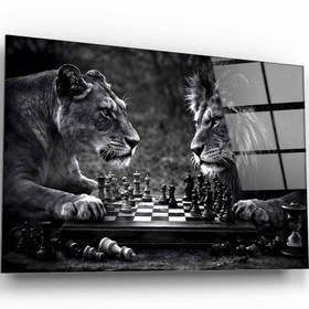 Resim Aslan ve Dişi Aslan Satranç Cam Tablo - 70*110 cm 