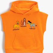 Resim Erkek Bebek Hayvan Baskılı Kolsuz Kanguru Cepli Kapüşonlu Sweatshirt Pamuklu 