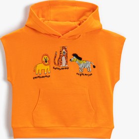 Resim Erkek Bebek Hayvan Baskılı Kolsuz Kanguru Cepli Kapüşonlu Sweatshirt Pamuklu 