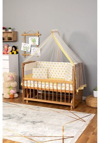 Resim Ahşap Beşik Anne Yanı Beşik Vernikli 60x120 - Sarı Yıldız Tek Yastık Uyku Seti + Yatak Ahşap 