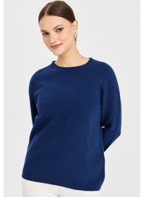 Resim Desen Kadın Minimalist Yuvarlak Yaka Uzun Kol Kazak - Günlük Stil İndigo 