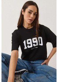 Resim Shade Kadın 1990 Baskılı Bisiklet Yaka Kısa Kollu Oversize Basic T-shirt 0266 60283159 - Siyah 