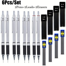 Resim 6 Parça Mekanik Kalem Seti, 2 Kutu 0.3/0.5/0.7/0.9/2.0 mm Uç ve 2 Silgi ile Yazı Çizim Tasarım Okul Otomatik Kalem Ofis Kırtasiye Malzemeleri İnce Yazım Araçları (2 Kalem + 2 Kutu Uç + 2 Silgi) 