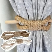Resim 2 adet Boho Stili Perde Bağları, Kalın ve Jüt İpli Rustik Masif Ahşap Çubuklar, Yatak Odası ve Oturma Odası Dekoru için Basit Perde Tutacakları, Ev Aksanları 