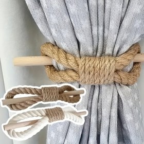 Resim 2 adet Boho Stili Perde Bağları, Kalın ve Jüt İpli Rustik Masif Ahşap Çubuklar, Yatak Odası ve Oturma Odası Dekoru için Basit Perde Tutacakları, Ev Aksanları 