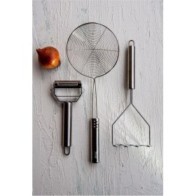 Resim Paslanmaz Set: Patates Ezici, Jülyen, Süzgeçli Kevgir, Gri 