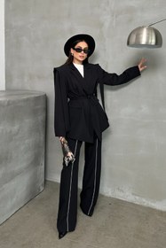 Resim msm fashion Kadın Oversize Blazer Ceket Siyah Kuşaklı Omuz Detaylı 