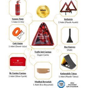 Resim Üçgen Trafik ve Ilk Yardım Seti - Muayene Uyumlu 1 kg Araç Yangın Tüpü - 2 Adet Reflektör - Gold Pack 