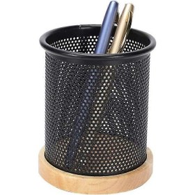 Resim Ganzhoushop Ahşap Taban Siyah Kalın Örgü Kalemlik Ağır Hizmet Tipi Silindir Kalemler Kap Masaüstü Düzenleyici Sandal Ağacı Rengi 