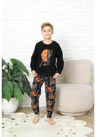 Resim Yeni Stil Sonbahar/kış Erkek Çocuk Basketball Desenli Polar Pijama Takımı 4562 Siyah 