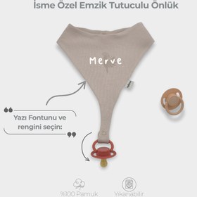 Resim İsme Özel Emzik Tutuculu Önlük %100 Pamuklu Taş Rengi - Standart 22x16 Cm 