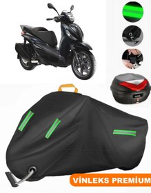 Resim MotoEn Vinleks Siyah Piaggio Beverly S 400 Arka Çanta Uyumlu Motosiklet Brandası Lüx Kalite (Kilit Uyumlu) 