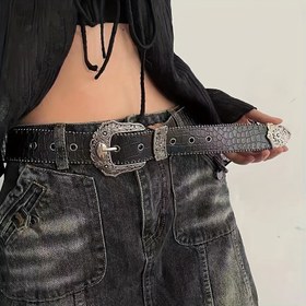 Resim Batı Pin Toka Pu Deri Kemer Kabartmalı Vintage Rahat Bel Kemerleri Kot Elbise Pantolon Aksesuarları Kadınlar için 