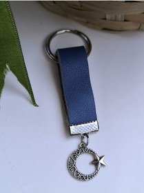 Resim Esey Dizayn Hakiki Deri MAvi Anahtarlık Ay Yıldız Modelli 