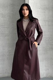 Resim moda armanc Kadın Deri Trençkot - Uzun Kuşaklı Şık Mevsimlik 