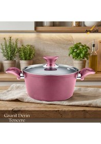 Resim 24 Cm Granit Derin Tencere Cam Kapak - Mürdüm Mürdüm 