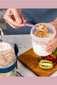 Resim Eynel 1100 ml Take-go Kaşıklı Hazneli Meyveli Yoğurt Kabı Piknik Atıştırmalık Granola Yoğurt Süt Bardağı 