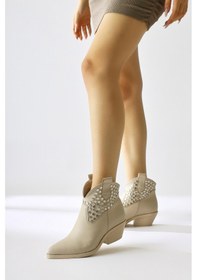 Resim Tency Bej Zımba Detaylı Sivri Burunlu Western Bot 001 