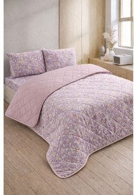 Resim Kapitoneli Çift Kişilik Desenli Pike - Yatak Örtüsü Takımı 200x230 Cm - 2 Adet Yastık Kılıflı Lila 