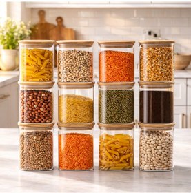Resim Porsima 407 12li Kare 900 Ml Bambu Vakumlu Kapaklı Cam Kavanoz Seti Saklama Kabı 10x12cm Şeffaf 
