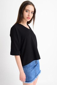 Resim Cotton Mood 9182879 Kobe Yaka Bindirmeli Capri Kol Bluz Sıyah 