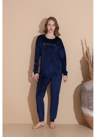 Resim Lukitus Kadife Uzun Kol Kadın Pijama Takımı Lacivert 