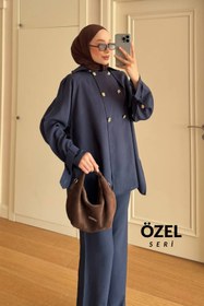 Resim Mogi Butik Oversize Kesim Çift Düğme Detaylı Tesettür Kadın Dokuma Takım Lacivert 3159 - Özel Seri 