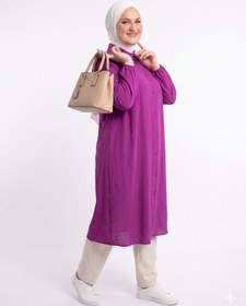 Resim YAZLIK PİLELİ KOLDAN LASTİKLİ BATTAL BEDEN UZUN TUNİK - Saks / 50-52 