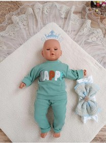 Resim Yenidoğan Kuzulu Taç Nakış Güpürlü Fiyonklu Duvaklı Prizma Taş Unisex Kundak Bebek Battaniyesi Mavi Çok Renkli 