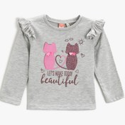 Resim Kız Bebek Kedi Baskılı Uzun Kollu Tişört Fırfır Detaylı 