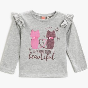 Resim Kız Bebek Kedi Baskılı Uzun Kollu Tişört Fırfır Detaylı 