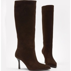 Resim Melodi Acı Kahve Süet Hakiki Deri Topuklu Çizme Kahve 