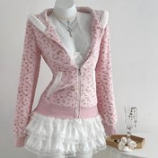 Resim Kadınlar için Pembe & Beyaz Leopar Desenli Kapüşonlu Ceket - Peluş Astarlı, Tam Fermuarlı Kışlık Mont, Dar Kesim Uzun Kollu Blazer ve Günlük Kıyafetler, Kalp Şeklinde Fermuar Çekmece (Makinede Yıkanabilir) 