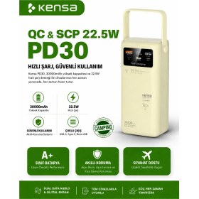 Resim Kensa 30000MAH Powerbank - 22.5W Hızlı Şarj (Qc & PD30), LED Ekranlı, Dahili Kablolu Taşınabilir Şarj Cihazı 