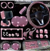 Resim Fochsia 26 Parça Pembe Araç İç Dekor Elmas Seti Direksiyon Kılıfı Telefon Tutucu Plaka Çerçevesi 