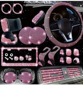 Resim Fochsia 26 Parça Pembe Araç İç Dekor Elmas Seti Direksiyon Kılıfı Telefon Tutucu Plaka Çerçevesi 