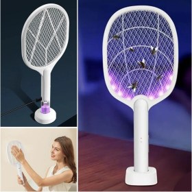 Resim Buffer® Şarjlı Sinek Öldürücü Masaüstü Standlı,mor Işık Sinek Kovucu Raket 5W 