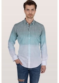 Resim Panolu Yeşil Beyaz Geçişli Slimfit Keten Erkek Gömlek Yeşil 