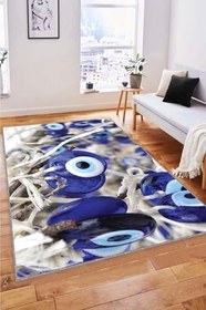 Resim Kaymaz Tabanlı Makinede Yıkanabilir Halı Rv363 Nazar Boncuğu, Lacivert, 120 X 180 