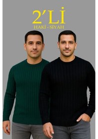 Resim Efnaz Style Erkek Fitilli Triko Kazak 2 Li Set Siyah Haki Kalın Dokuma Pamuklu Regular Fit Bisiklet Siyah - Haki 