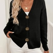 Resim Büyük Beden - Kadın Şık V Yaka Uzun Kollu Hırka - Altın Tonlu Düğmeli Şık Düğmeli Kazak, Düz Siyah Sonbahar/Kış Montu, Günlük ve Resmi Kıyafetler İçin 