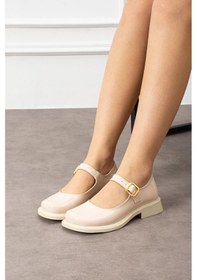 Resim Shoetek Jolanta Kadın Babet Bantlı Tokalı Makosen Ayakkabı Bej Rugan Bej Rugan 