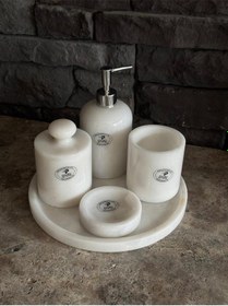 Resim Beyaz Mermer Gümüş Pompalı, Pamukluk Kendinden Tutmalı 5'li Set Beyaz 