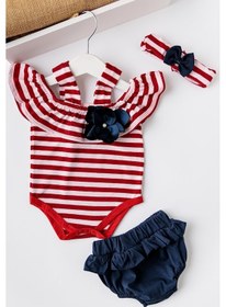 Resim Babymod Kız Bebek Kırmızı Çizgili Bandanalı Tulumlutakım 001 