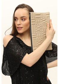 Resim Morpelikan Bej Zigzag Clutch Kadın Portöy Çanta Bej 