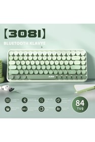 Resim Kablosuz Bluetooth Retro Sessiz Klavye – Yuvarlak Tuşlu, Kedi Süs Aksesuarı, 84 Tuşlu, Taşınabilir, Akıllı Uyku Modu, Ergonomik Tasarım, Tablet Telefon Uyumlu, Ajazz AJ308I Yeşil 