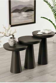 Resim Simillo Home&Living Wood Ahşap Siyah Renk Konik Model 3 lü Set Mantar Yan Sehpa Fiskos Çiçeklik Decorative 