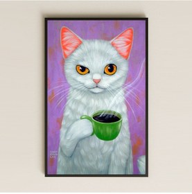 Resim Kahve Tutan Beyaz Kedi İllüstrasyon Pleksi Tablo 