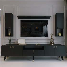 Resim Myniture Modern Tv Sehpası Gold Üçgen Kulp Kepli G8025-4 Antrasit 